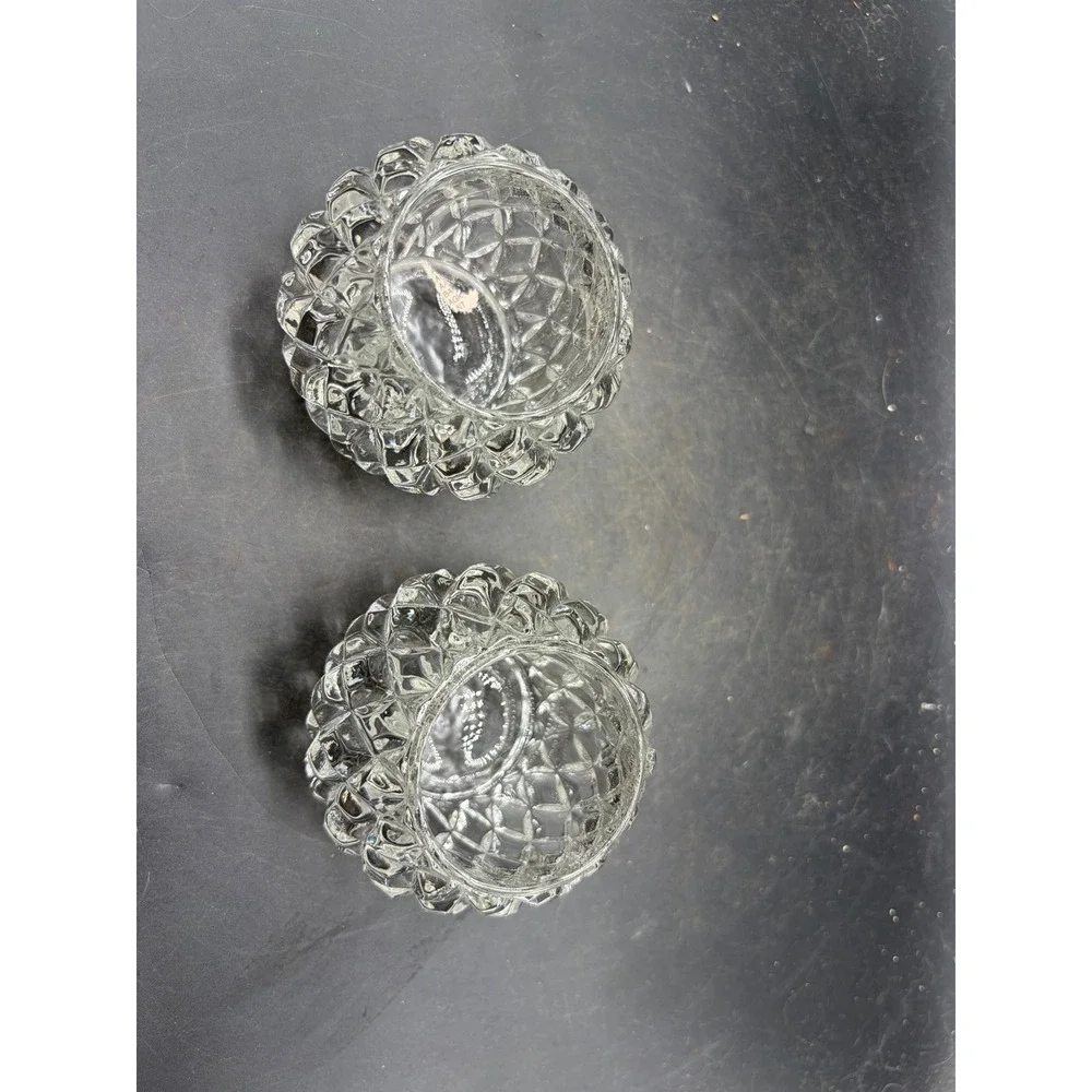 Vintage Diamond Point Clear Cut Glass Votive Tea Light Candle Holders Set of 2